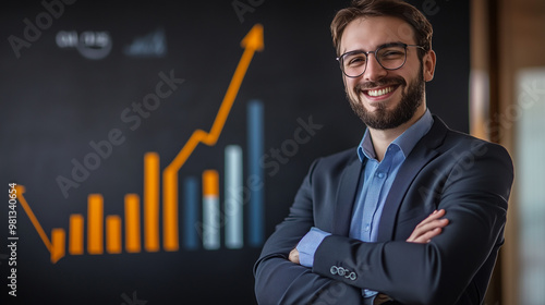 businessman smiling and standing with crossed arms in front of a wall of screens displaying various financial charts and data analytics. He wears a sharp blue suit and glasses, projecting professional