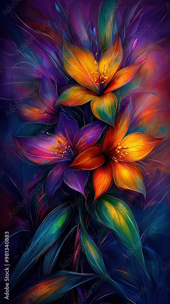 Purple background with green center stem, featuring a bouquet of colorful flowers Purple background with green center stem, featuring a bouquet of colorful flowers