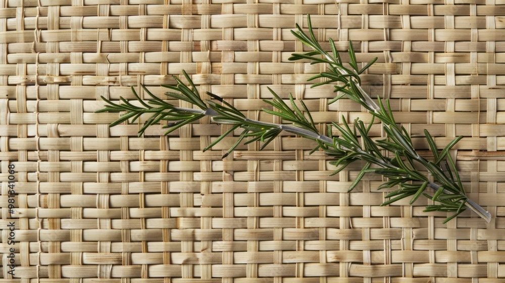Obraz premium Rosemary Sprig on Woven Mat