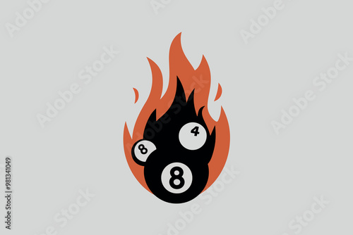 Black snooker ball number 8 on fire, sports concept.