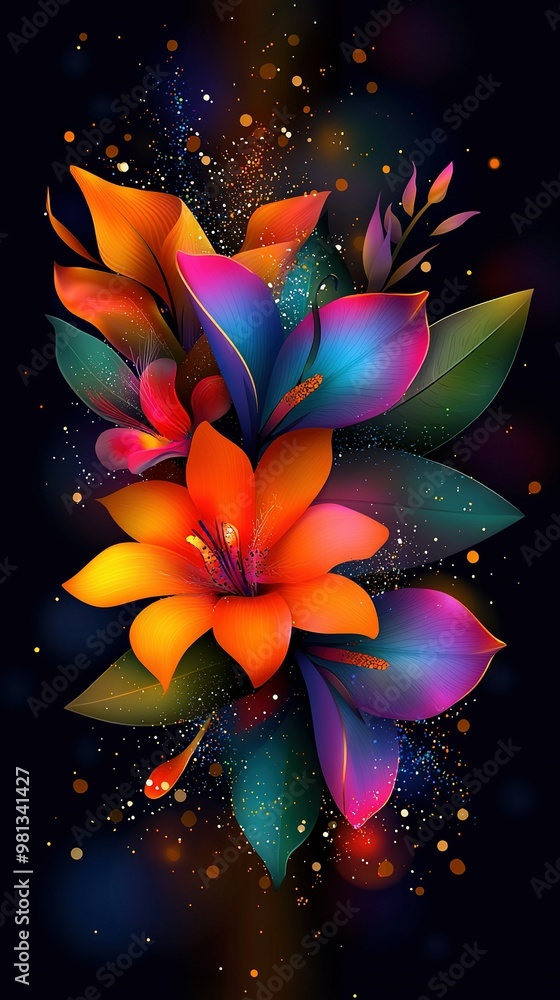 A vibrant flower against a dark backdrop, adorned with a splash of paint at the base and another at the bottom A vibrant flower against a dark backdrop, adorned with a splash of paint at the base and another at the bottom