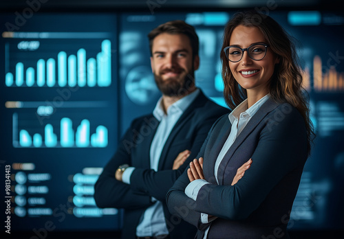  a young professional man and woman, both dressed in smart business attire, standing confidently in an office environment with a backdrop of digital screens displaying business data.