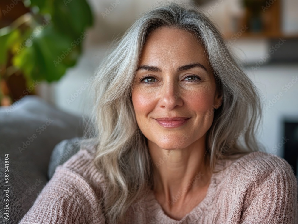 Smiling Woman in Casual Attire, Indoors Smiling Woman in Casual Attire, Indoors
