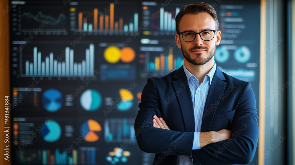businessman smiling and standing with crossed arms in front of a wall of screens displaying various financial charts and data analytics. He wears a sharp blue suit and glasses, projecting professional businessman smiling and standing with crossed arms in front of a wall of screens displaying various financial charts and data analytics. He wears a sharp blue suit and glasses, projecting professional