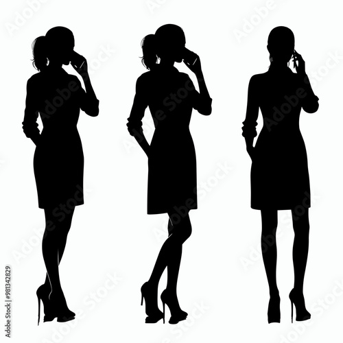 Three women are silhouetted against a white background, each holding a cell phone to their ear. The women are dressed in business attire, and the scene conveys a sense of professionalism and busyness