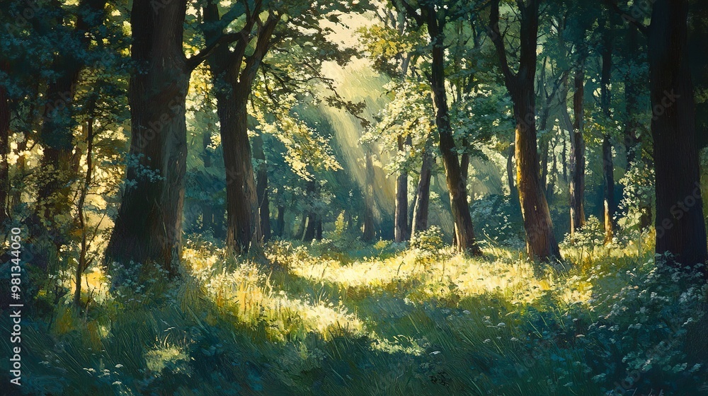 Obraz premium Amidst the verdant embrace of a forest, where sunbeams dance through the canopies, an enchanting tapestry of nature unfolds. The towering trunks and delicate twigs stand like sentinels
