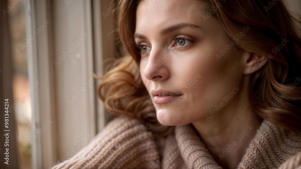 Thoughtful young woman gazing out the window in a cozy sweater
Thoughtful young woman gazing out the window in a cozy sweater