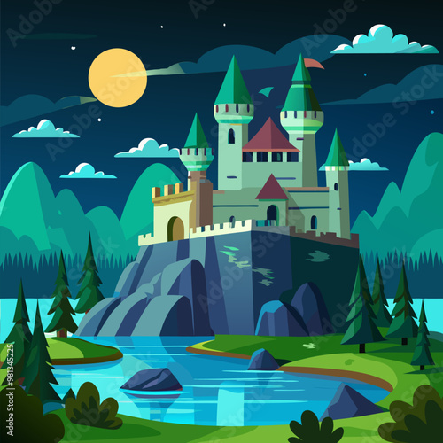 Night medieval castle on lake. Vector cartoon illustration of ancient palace surrounded by water, moon and stars glowing in dark sky, green grass on hills, fortress with stone tower, game background