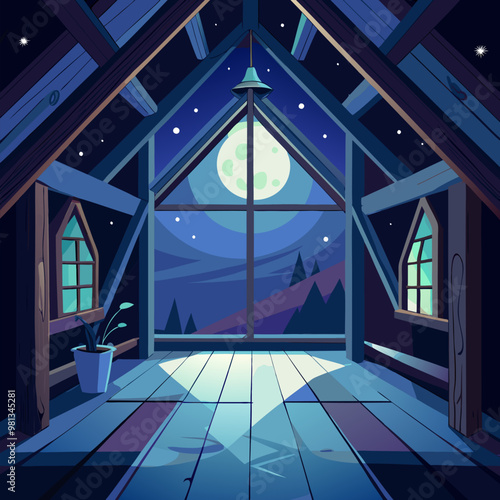 Empty house attic at night. Blank storage under roof of residential building. Vector cartoon interior of dark garret, mansard with wooden beams, floor, window and dust flying in moonlight photo