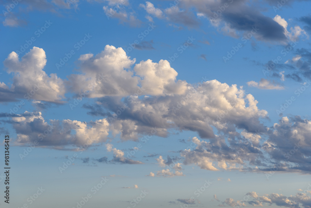 Beautiful white puffy clouds against blue sky during dramatic sunset Beautiful white puffy clouds against blue sky during dramatic sunset