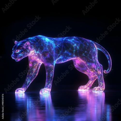 Holographic neon patterns create an ethereal glow around 3D animal image photo