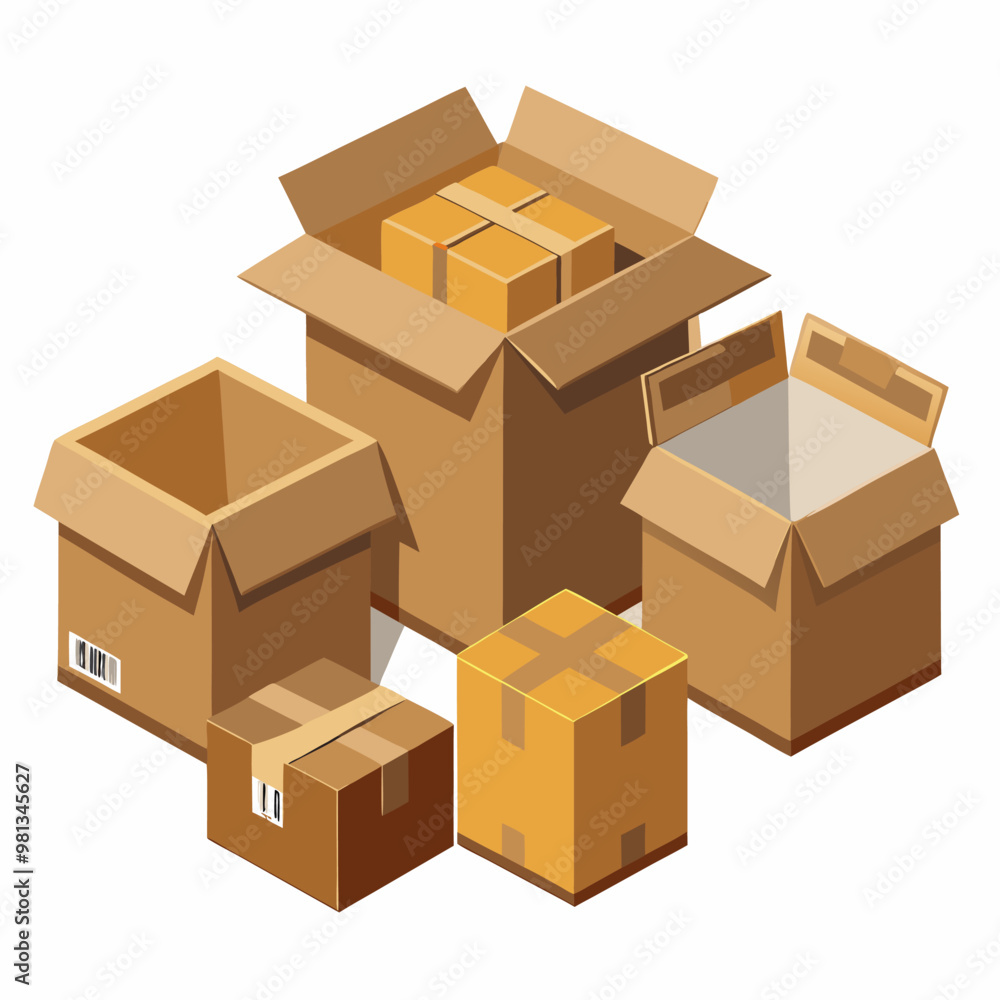 Cardboard box mockups set isolated on white background. Vector realistic illustration of open empty 3d carton packages for product, mail delivery, parcel shipment, gift packaging with blank surface Cardboard box mockups set isolated on white background. Vector realistic illustration of open empty 3d carton packages for product, mail delivery, parcel shipment, gift packaging with blank surface