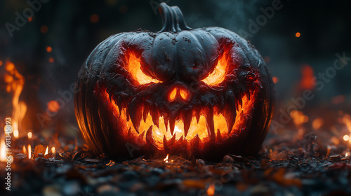 Scary Halloween Pumpkin with Sinister Smile - Spooky Shadows - AI Generated