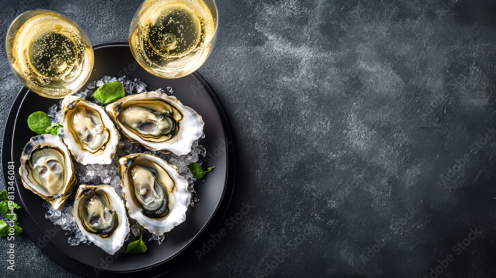 A fancy restaurant dish of champagne and oysters. The picture shows oysters on a plate, shot from above. There's space for you to add text. A fancy restaurant dish of champagne and oysters. The picture shows oysters on a plate, shot from above. There's space for you to add text.