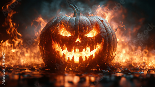 Scary Halloween Pumpkin with Sinister Smile - Spooky Shadows - AI Generated
