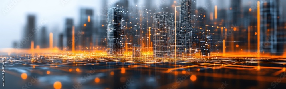 Fototapeta premium A vibrant skyline highlights urban development with illuminated lines symbolizing connectivity