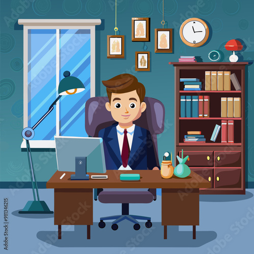 Company office room with furniture. Vector cartoon illustration of lawyer or accountant workspace, computer and lamp on desk, folders with documents on shelf, blue armchairs, abstract picture on wall