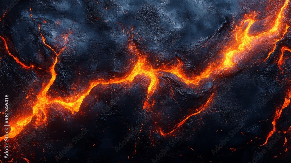 Fototapeta premium Molten Lava Flowing Through a Dark and Rough Volcanic Surface