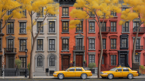 Colorful row of brownstone buildings with yellow autumn trees and taxi cabs parked on street. Iconic New York City residential architecture in fall season