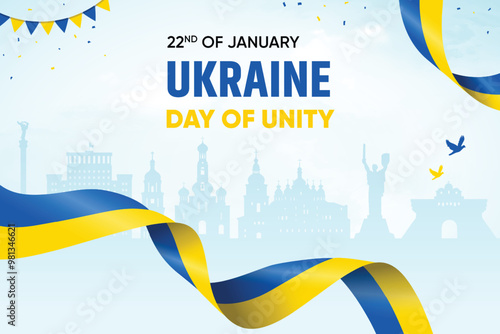 Ukraine Republic Flag Waving On Skyline Background. Day of Unity Concept Design Vector Illustration.