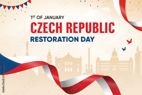 Czech Republic Flag Waving On Skyline Background. Restoration Day Concept Design Vector Illustration.