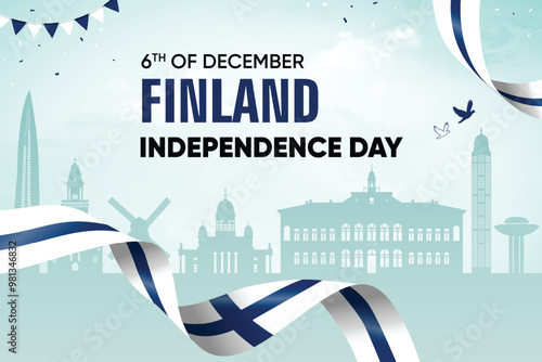 Finland Flag Waving On Skyline Background. Independence Day Concept Design Vector Illustration.