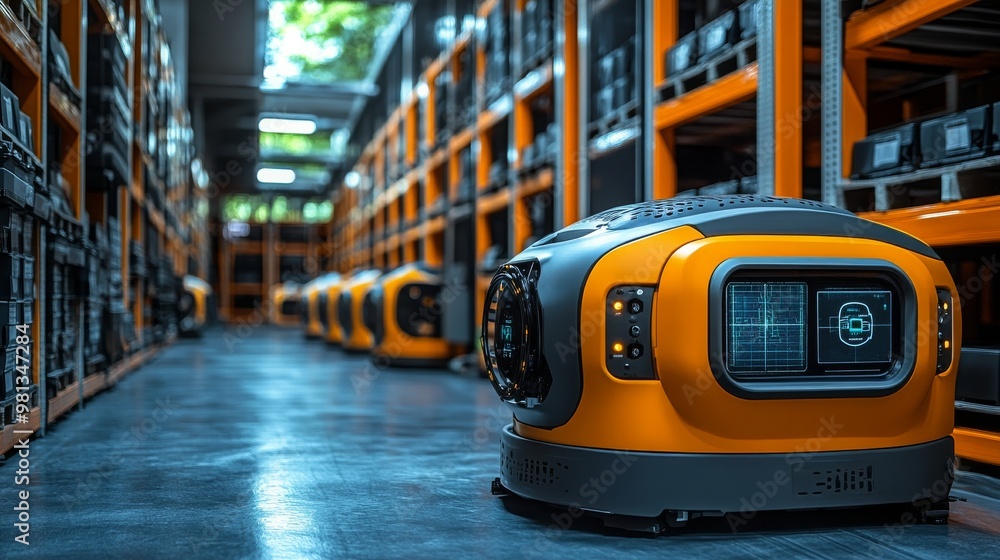 Sustainable warehouse featuring robotic technology for efficient inventory management Sustainable warehouse featuring robotic technology for efficient inventory management