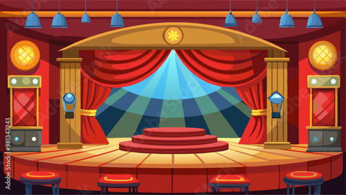 Parallax background for game, 2d cartoon theater stage with red curtains and spotlights. Theatre interior with empty wooden scene separated layers for slidescroll animation effect, Vector illustration photo