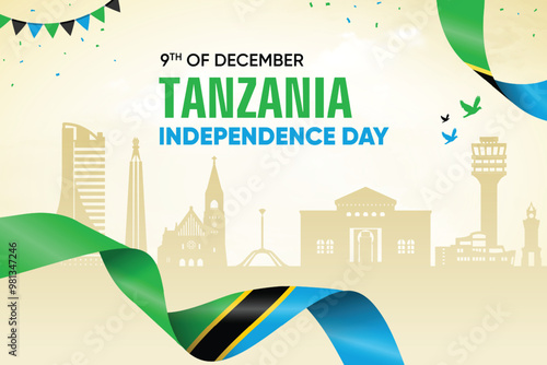 Tanzania Flag Waving On Skyline Background. Independence Day Concept Design Vector Illustration.