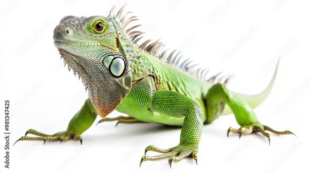Obraz premium A large green iguana lizard is standing alone against a plain white backdrop.