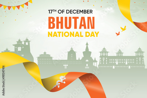 Bhutan Flag Waving On Skyline Background. National Day Concept Design Vector Illustration.