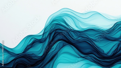 image features flowing waves of blue and teal, creating serene and calming atmosphere. smooth lines and gradients evoke sense of tranquility and fluidity, reminiscent of water or gentle ocean waves