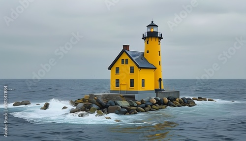 Vibrant yellow house standing out in a grey landscape, representing creativity and individuality in a monotonous environment photo