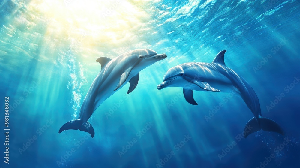 Obraz premium Two dolphins swim gracefully in clear blue water, illuminated by sunlight filtering through the ocean's surface.