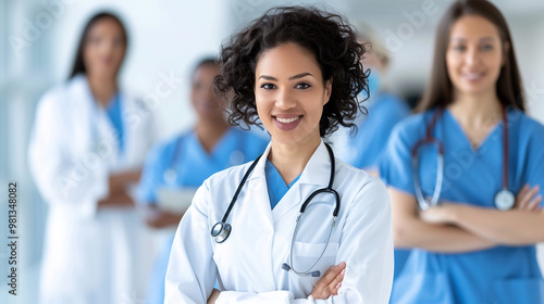 An image of a cheerful female doctor at a hospital office, dressed in scrubs and holding a stethoscope