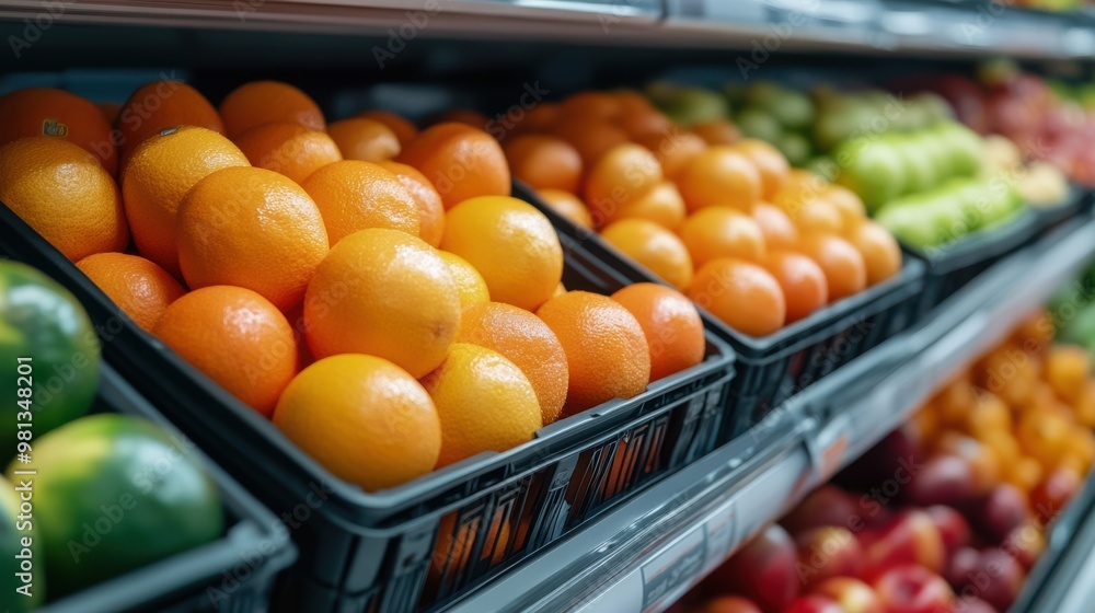 A vibrant display of fresh oranges and assorted fruits arranged in baskets on supermarket shelves. A vibrant display of fresh oranges and assorted fruits arranged in baskets on supermarket shelves.