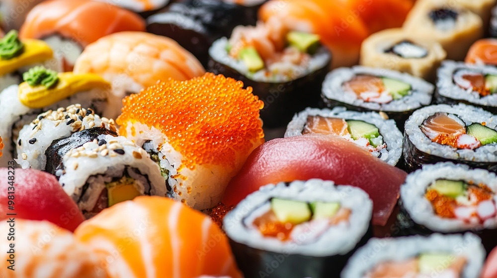 An enticing array of sushi rolls, adorned with an assortment of vibrant and tantalizing toppings, inviting you to embark on a culinary exploration. An enticing array of sushi rolls, adorned with an assortment of vibrant and tantalizing toppings, inviting you to embark on a culinary exploration.