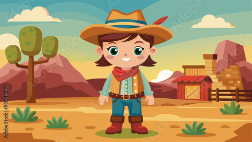 Cute western cowboy child. Texas girl character cartoon. Happy west children for saloon game. Ranch costume for fantasy theatre spectacle or kindergarten performance. Isolated country dress and belt