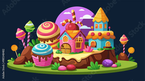 Candy houses set isolated on black background. Vector cartoon illustration of sweet land design elements, gingerbread houses with chocolate roof, lollipop and ice cream decoration, dessert buildings