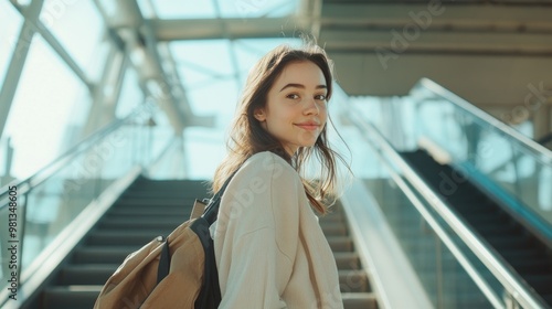 Young Woman Standing on Escalator