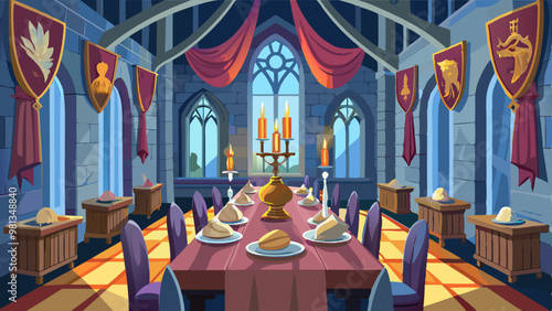 Medieval castle room interior with dinner on table background. Fantasy king palace hall for banquet or feast. Royal luxury mansion ballroom for rich family dining with flag, ancient column and window