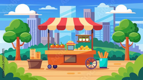 Street food fruit market in city park cartoon illustration. Fresh farm stand stall for outdoor event or traditional festival. Bazaar on road with snack and coffee in summer landscape background