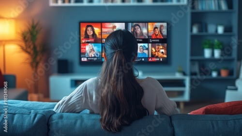 Woman Watching Video Chat on TV