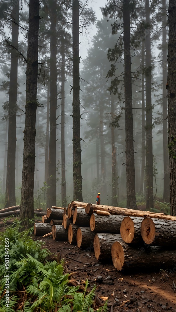 Early morning logging with workers and machinery in a foggy forest. Early morning logging with workers and machinery in a foggy forest.