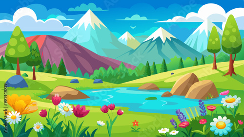 Lake and spring flower field mountain vector landscape. Cartoon nature scene with cloud, green grass and water. Cute picturesque outdoor alps environment with meadow and hill in park on sunny weather.