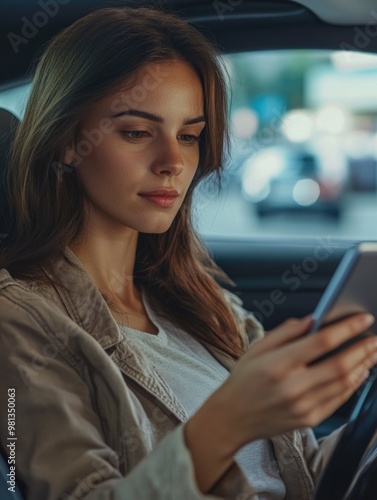 Young Woman Texting in Car