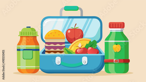 Lunch box with food for school snack vector icon. Kid lunchbox meal for healthy snack on picnic. Plastic bento container and bottle with juice. Isolated takeaway pack with cake and fresh salad clipart