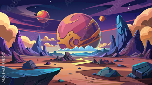 Alien planet landscape with rocks, cracks and glowing spots. Vector parallax background for 2d animation with cartoon fantasy illustration of cosmos with sun and moons and planet surface