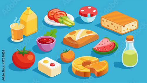 Food icons ham, cheese, tomato, potato and milk bottle, bread, fish and meat steak. Isolated 3d grocery objects, vegetables, farm products, fresh supermarket goods design elements, Cartoon vector set