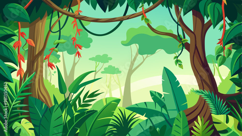 Jungle background with border frame from liana vine, green leaves and flowers. Cartoon sunny tropical backdrop with empty space for text. Rainforest long creeping plant branches with vegetation.